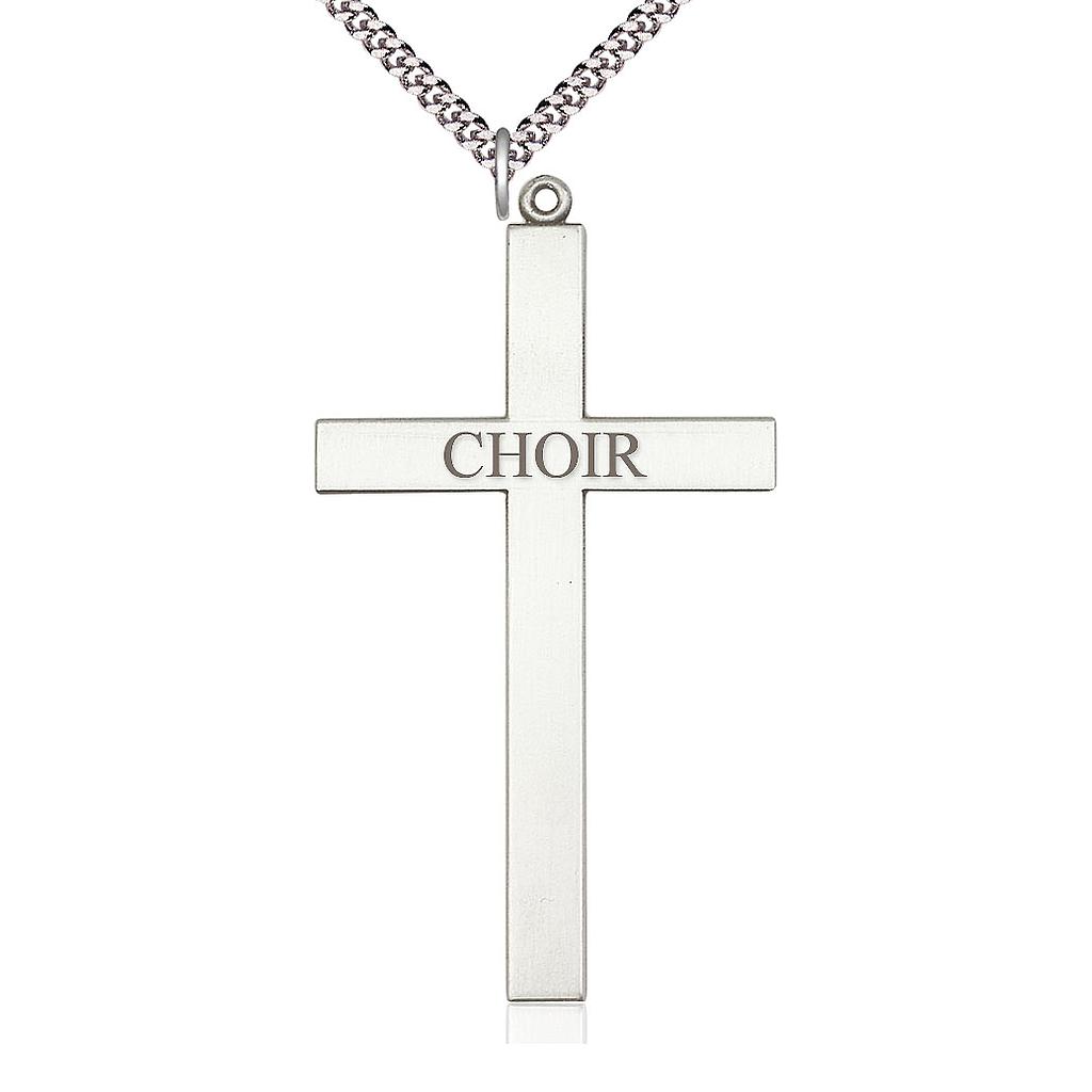 Sterling Silver Choir Cross Pendant on a 24 inch Light Rhodium Heavy Curb chain