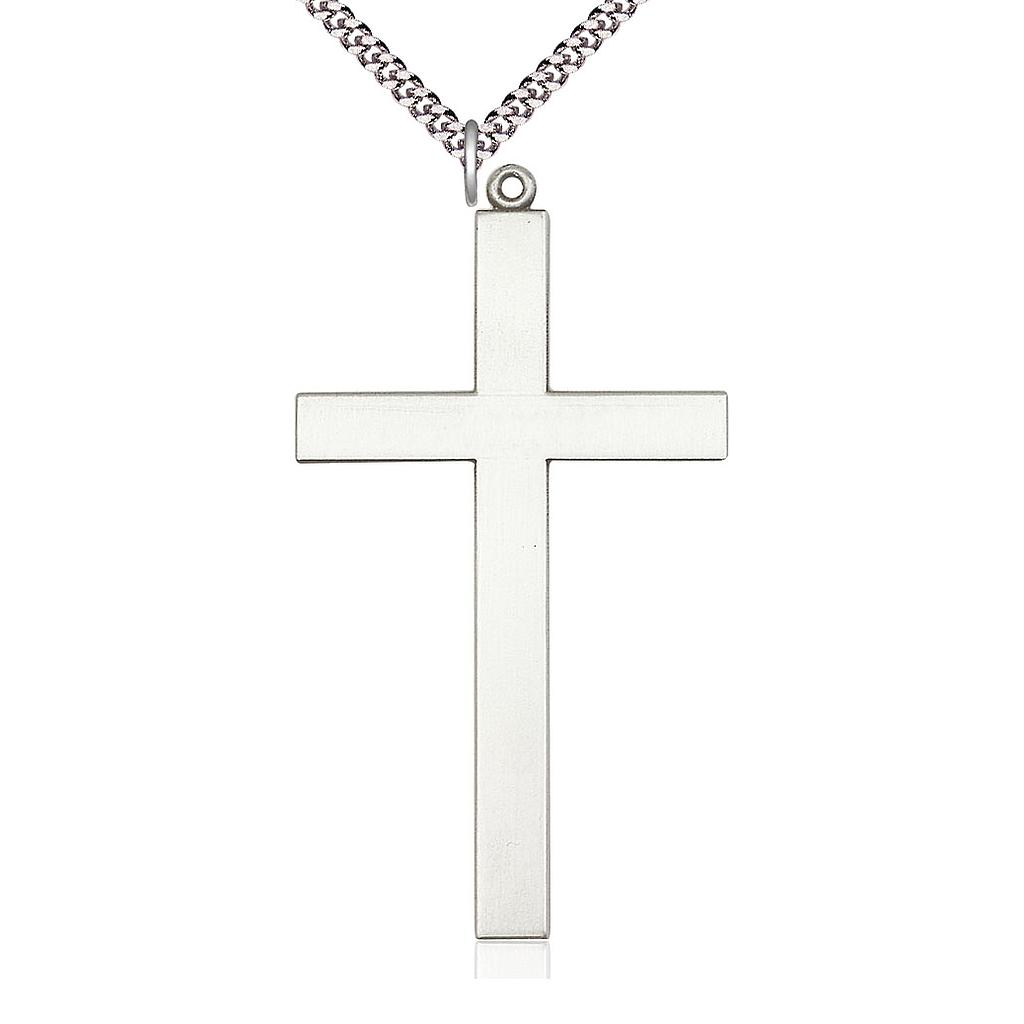 Sterling Silver Cross Pendant on a 24 inch Light Rhodium Heavy Curb chain