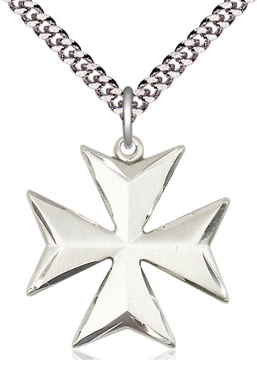 Sterling Silver Maltese Cross Pendant on a 24 inch Light Rhodium Heavy Curb chain