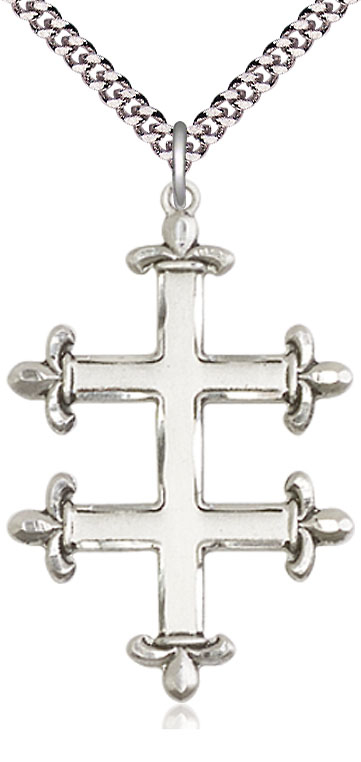 Sterling Silver Cross of Lorraine Pendant on a 24 inch Light Rhodium Heavy Curb chain