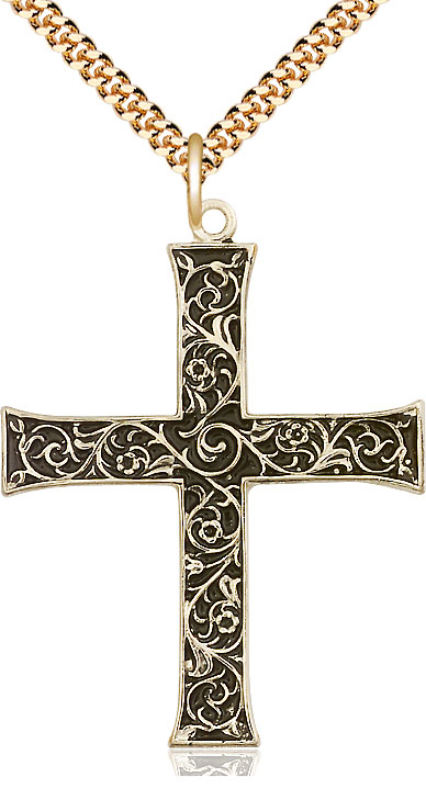 14kt Gold Filled Cross Pendant on a 24 inch Gold Plate Heavy Curb chain