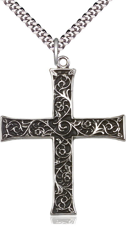 Sterling Silver Cross Pendant on a 24 inch Light Rhodium Heavy Curb chain