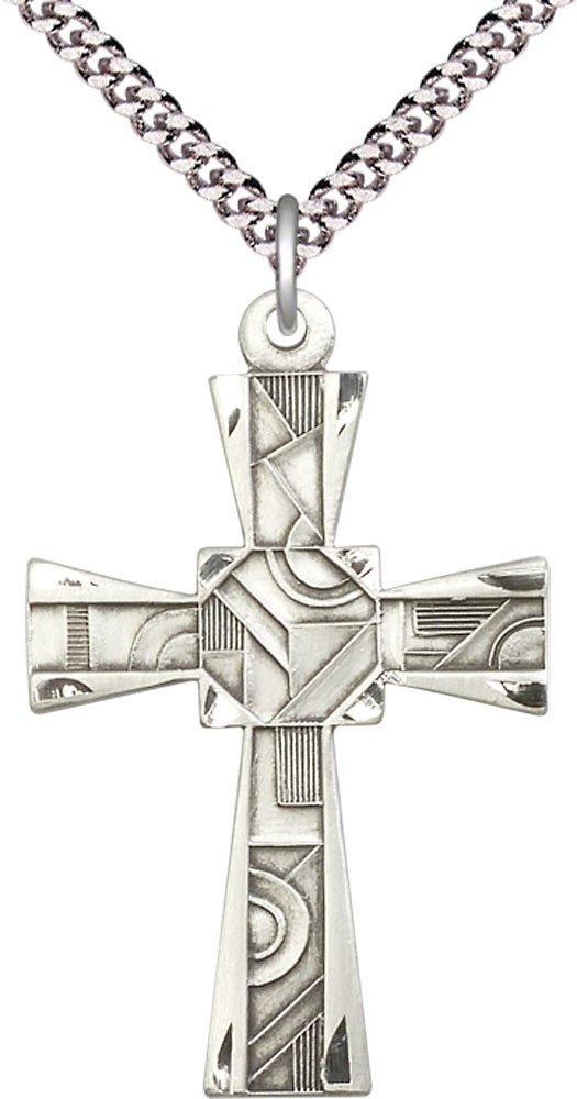 Sterling Silver Mosaic Cross Pendant on a 24 inch Light Rhodium Heavy Curb chain