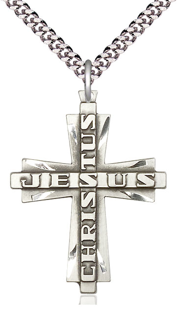 Sterling Silver Jesus Christus Cross Pendant on a 24 inch Light Rhodium Heavy Curb chain