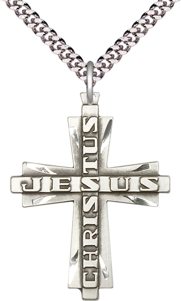 Sterling Silver Jesus Christus Cross Pendant on a 24 inch Light Rhodium Heavy Curb chain