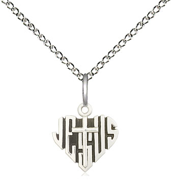 Sterling Silver Heart of Jesus w/Cross Pendant on a 18 inch Sterling Silver Light Curb chain