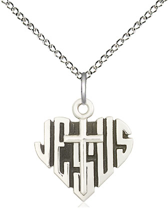 Sterling Silver Heart of Jesus w/Cross Pendant on a 18 inch Sterling Silver Light Curb chain