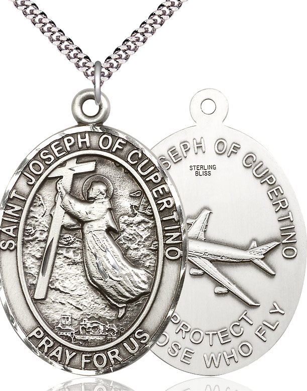 Sterling Silver Saint Joseph of Cupertino Pendant on a 24 inch Light Rhodium Heavy Curb chain