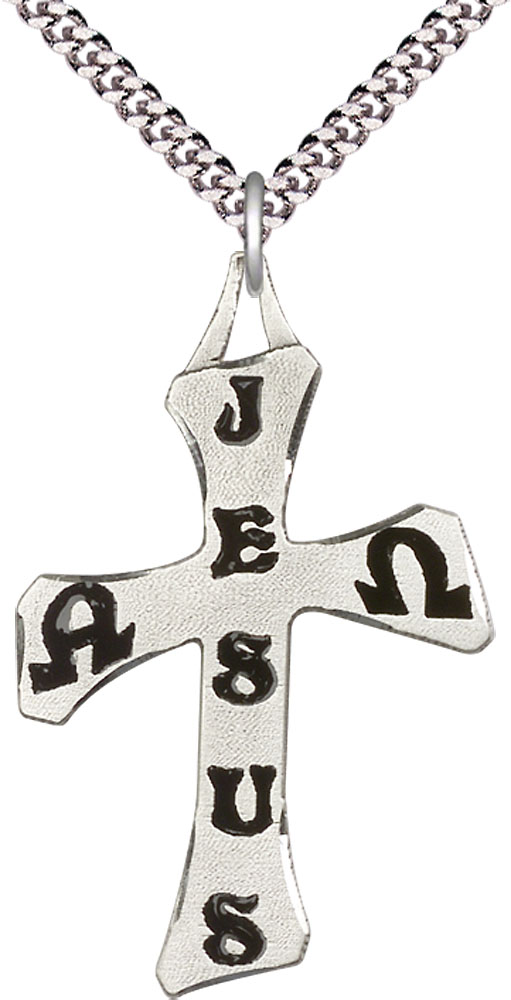 Sterling Silver Cross Pendant on a 24 inch Light Rhodium Heavy Curb chain