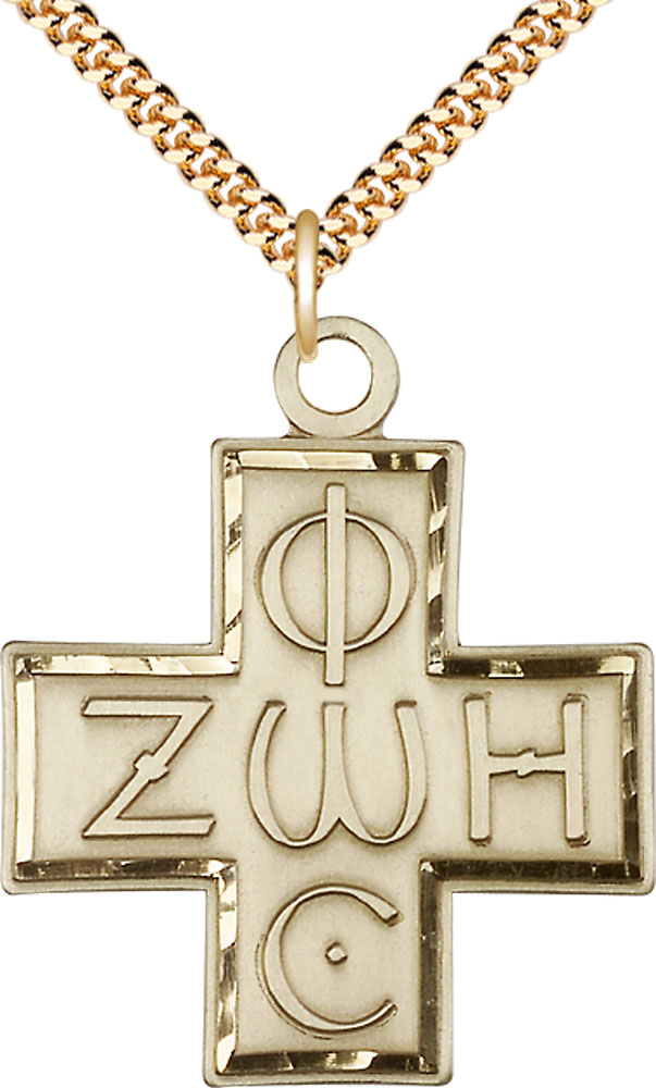 14kt Gold Filled Light &amp; Life Cross Pendant on a 24 inch Gold Plate Heavy Curb chain