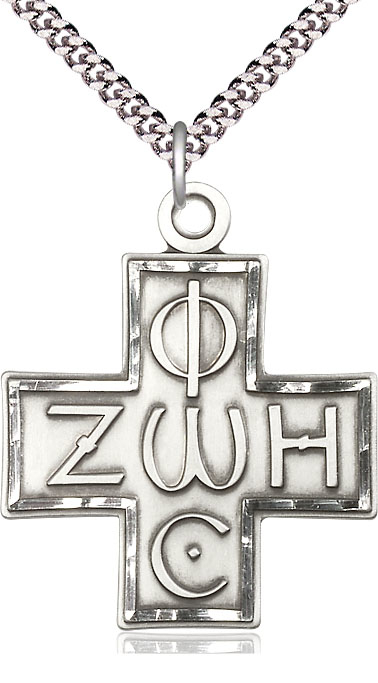 Sterling Silver Light &amp; Life Cross Pendant on a 24 inch Light Rhodium Heavy Curb chain