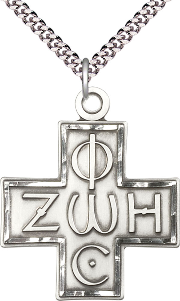Sterling Silver Light &amp; Life Cross Pendant on a 24 inch Light Rhodium Heavy Curb chain