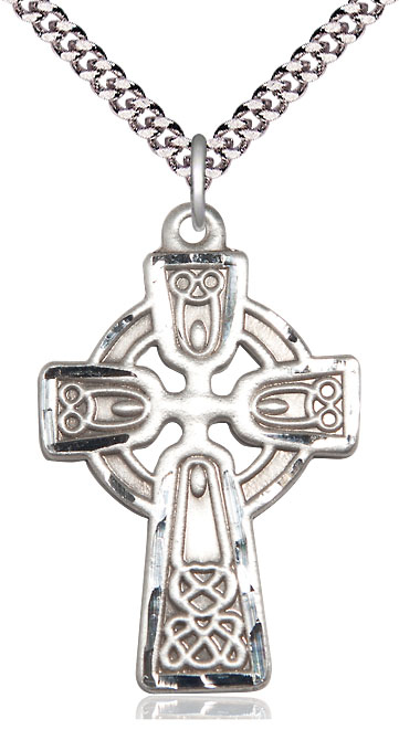 Sterling Silver Celtic Cross Pendant on a 24 inch Light Rhodium Heavy Curb chain