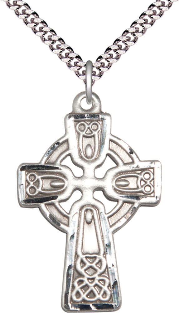 Sterling Silver Celtic Cross Pendant on a 24 inch Light Rhodium Heavy Curb chain