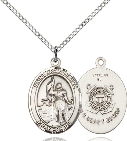 Sterling Silver Saint Joan of Arc  Coast Guard Pendant on a 18 inch Light Rhodium Light Curb chain