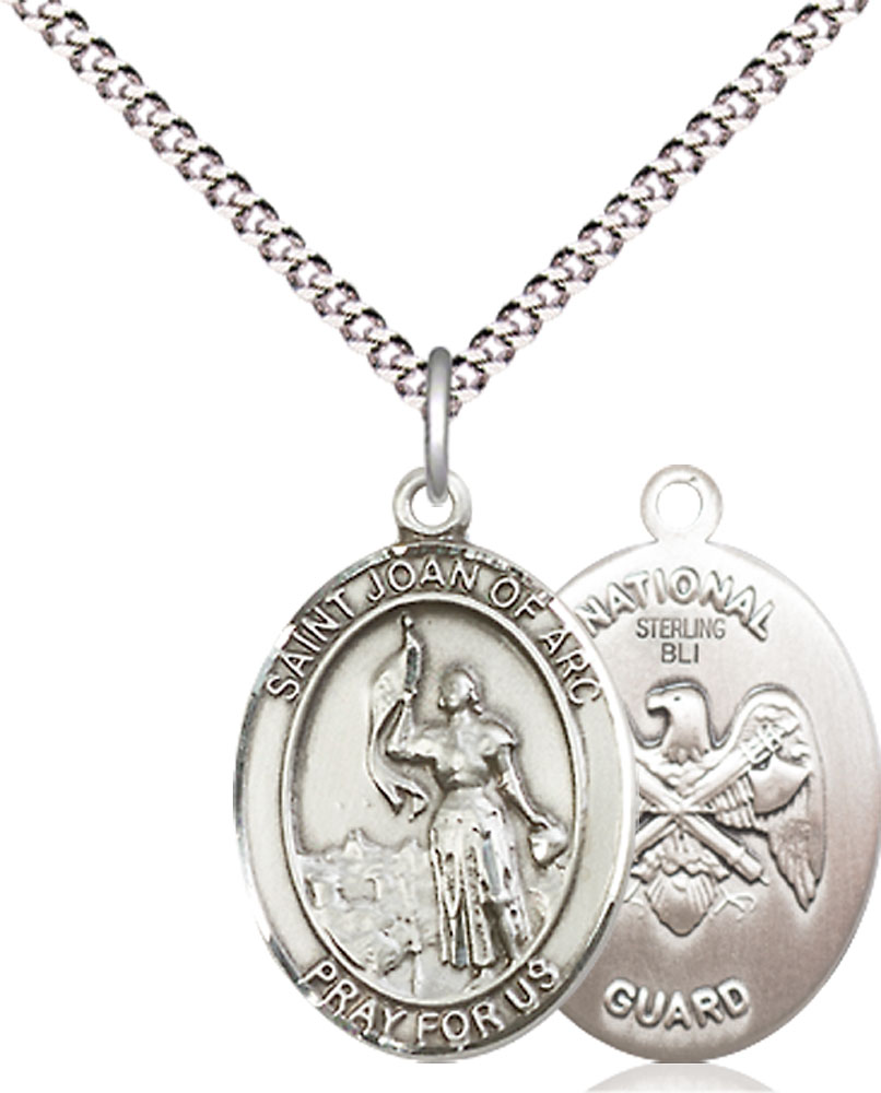 Sterling Silver Saint Joan of Arc National Guard Pendant on a 18 inch Light Rhodium Light Curb chain