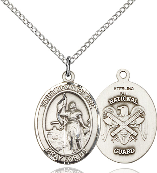 Sterling Silver Saint Joan of Arc National Guard Pendant on a 18 inch Light Rhodium Light Curb chain