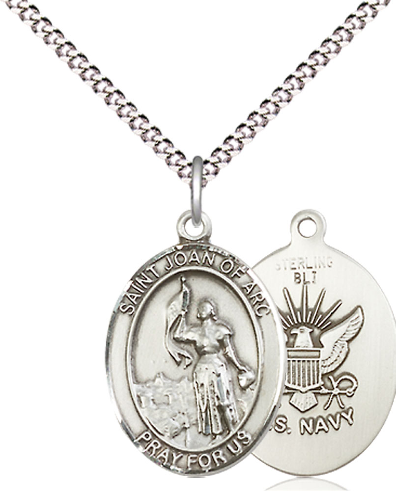 Sterling Silver Saint Joan of Arc Navy Pendant on a 18 inch Light Rhodium Light Curb chain
