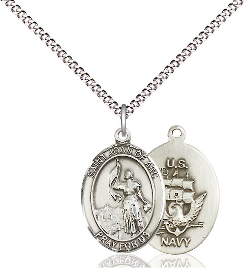 Sterling Silver Saint Joan of Arc Navy Pendant on a 18 inch Light Rhodium Light Curb chain