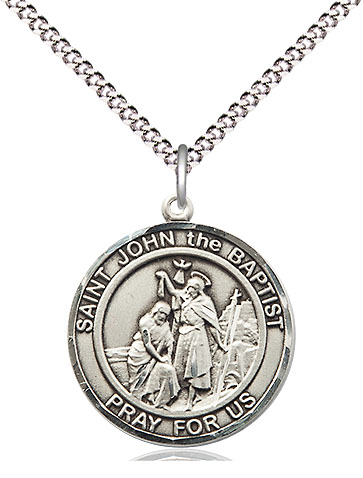 Sterling Silver Saint John the Baptist Pendant on a 18 inch Light Rhodium Light Curb chain