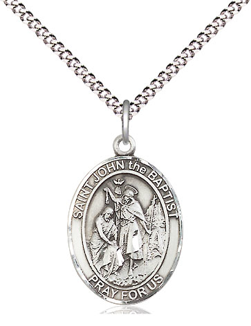 Sterling Silver Saint John the Baptist Pendant on a 18 inch Light Rhodium Light Curb chain