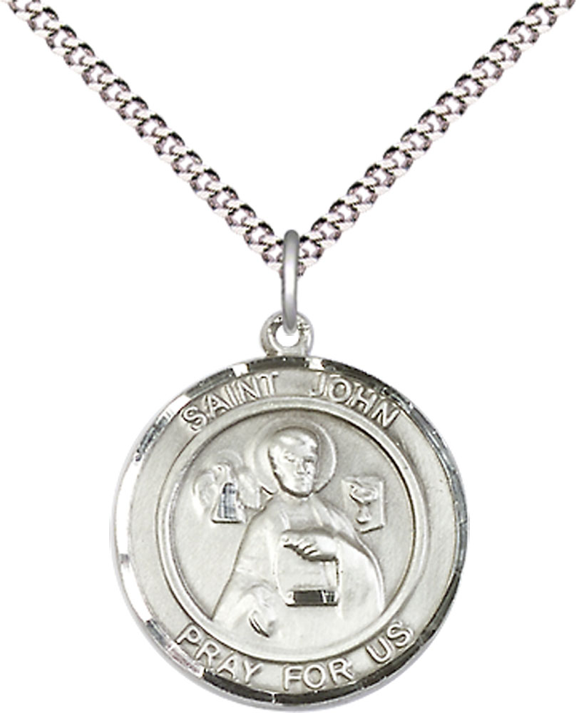 Sterling Silver Saint John the Apostle Pendant on a 18 inch Light Rhodium Light Curb chain