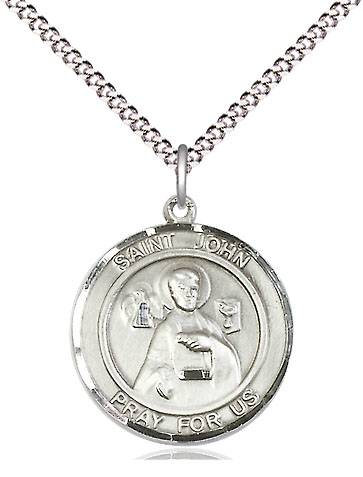 Sterling Silver Saint John the Apostle Pendant on a 18 inch Light Rhodium Light Curb chain