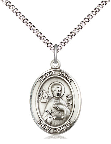 Sterling Silver Saint John the Apostle Pendant on a 18 inch Light Rhodium Light Curb chain