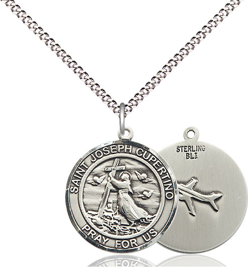 Sterling Silver Saint Joseph of Cupertino Pendant on a 18 inch Light Rhodium Light Curb chain