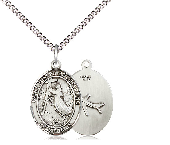 Sterling Silver Saint Joseph of Cupertino Pendant on a 18 inch Light Rhodium Light Curb chain