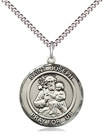 Sterling Silver Saint Joseph Pendant on a 18 inch Light Rhodium Light Curb chain