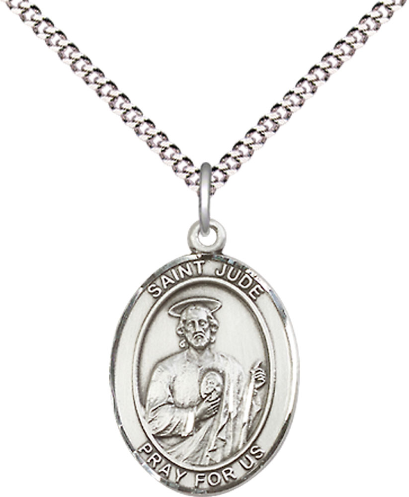 Sterling Silver Saint Jude Pendant on a 18 inch Light Rhodium Light Curb chain