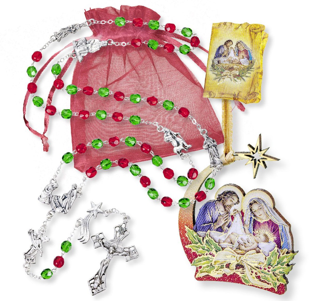 6mm Christmas Rosary with Holy Family Ornament in Organza Bag - Christmas
