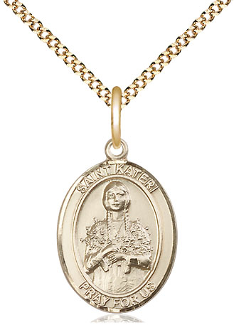 14kt Gold Filled Saint Kateri Pendant on a 18 inch Gold Plate Light Curb chain