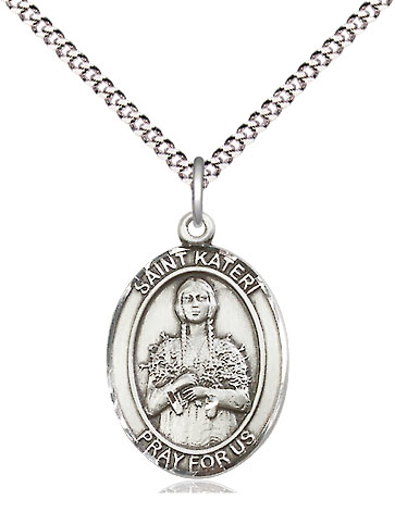 Sterling Silver Saint Kateri Pendant on a 18 inch Light Rhodium Light Curb chain