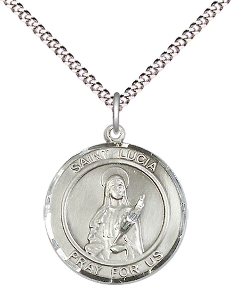 Sterling Silver Saint Lucia of Syracuse Pendant on a 18 inch Light Rhodium Light Curb chain
