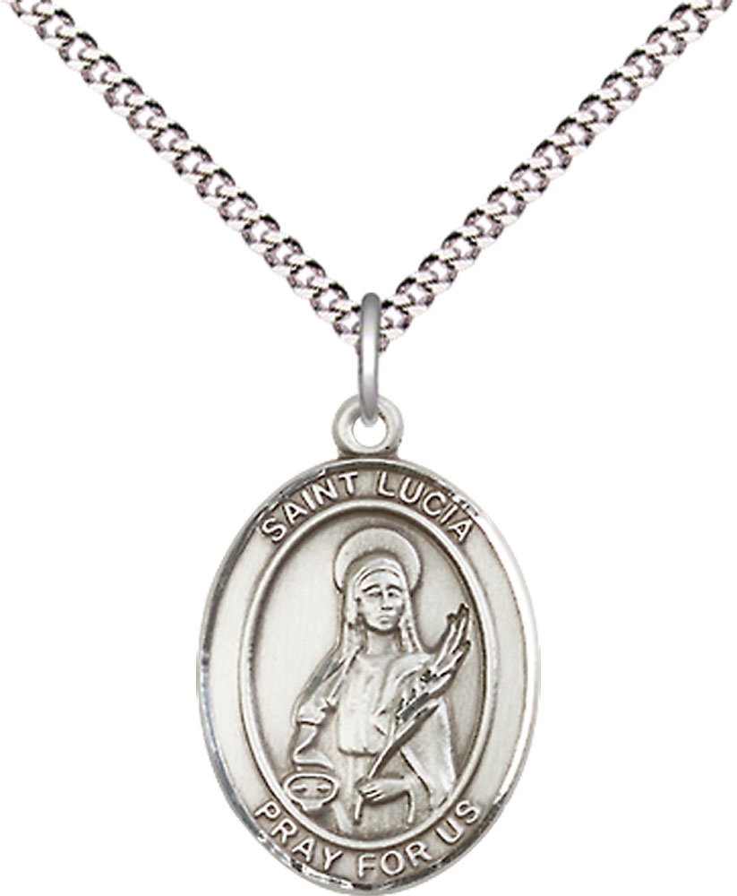 Sterling Silver Saint Lucia of Syracuse Pendant on a 18 inch Light Rhodium Light Curb chain