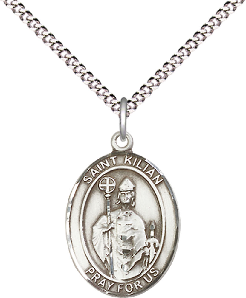 Sterling Silver Saint Kilian Pendant on a 18 inch Light Rhodium Light Curb chain