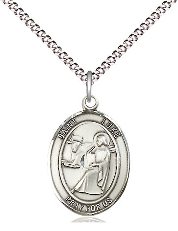 Sterling Silver Saint Luke the Apostle Pendant on a 18 inch Light Rhodium Light Curb chain