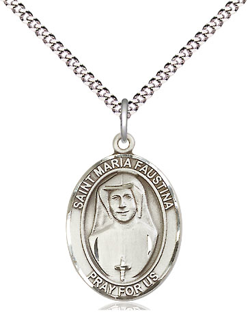 Sterling Silver Saint Maria Faustina Pendant on a 18 inch Light Rhodium Light Curb chain