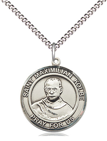 Sterling Silver Saint Maximilian Kolbe Pendant on a 18 inch Light Rhodium Light Curb chain