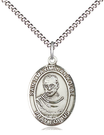 Sterling Silver Saint Maximilian Kolbe Pendant on a 18 inch Light Rhodium Light Curb chain