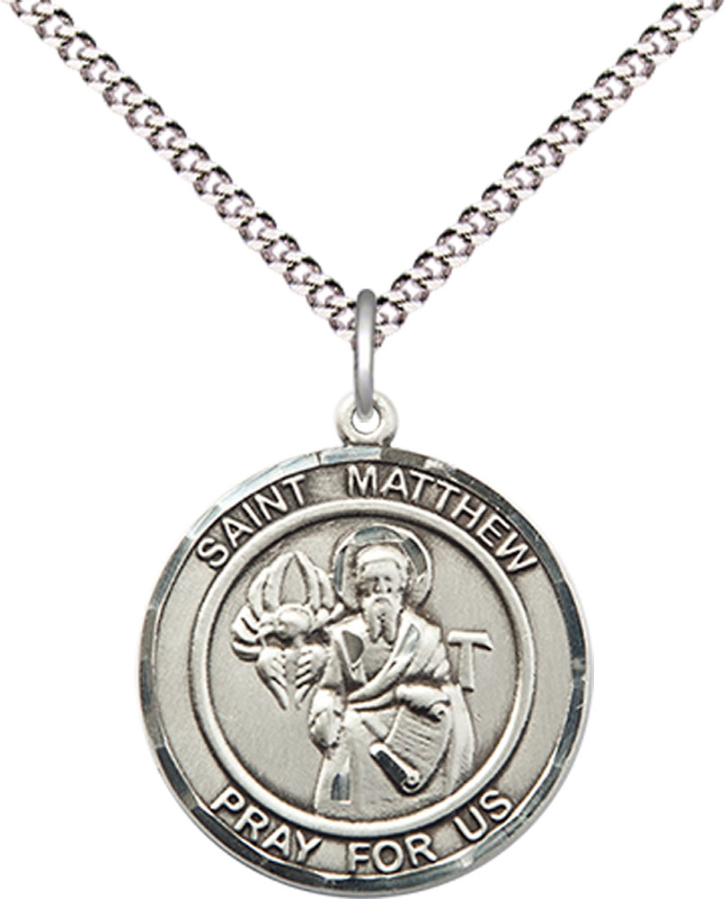 Sterling Silver Saint Matthew the Apostle Pendant on a 18 inch Light Rhodium Light Curb chain