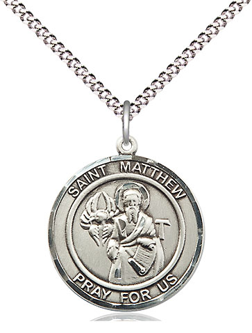 Sterling Silver Saint Matthew the Apostle Pendant on a 18 inch Light Rhodium Light Curb chain