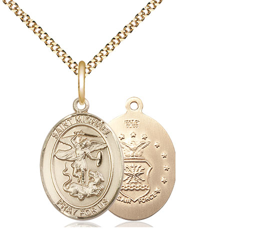 14kt Gold Filled Saint Michael Air Force Pendant on a 18 inch Gold Plate Light Curb chain
