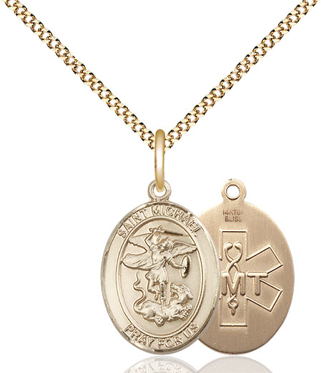 14kt Gold Filled Saint Michael EMT Pendant on a 18 inch Gold Plate Light Curb chain