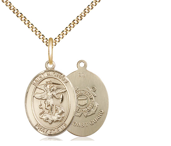 14kt Gold Filled Saint Michael Coast Guard Pendant on a 18 inch Gold Plate Light Curb chain