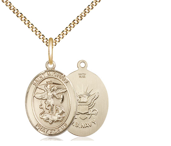 14kt Gold Filled Saint Michael Navy Pendant on a 18 inch Gold Plate Light Curb chain