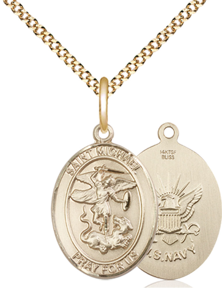 14kt Gold Filled Saint Michael Navy Pendant on a 18 inch Gold Plate Light Curb chain