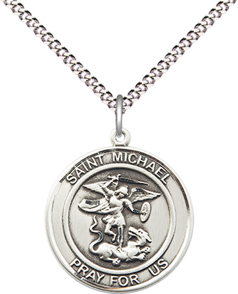 Sterling Silver Saint Michael the Archangel Pendant on a 18 inch Light Rhodium Light Curb chain